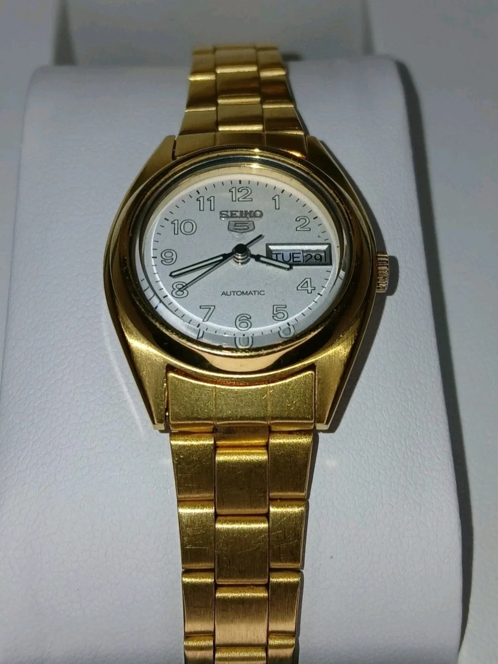 ​Seiko 5 Automatic Watch Gold Tone White Dial Day Date 4206-0600 Runs Vintage